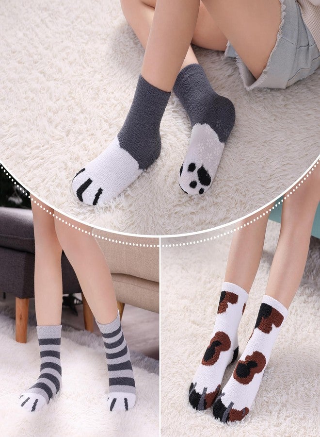 LINEMIN Kids Fuzzy Socks Boys Girls with Grips Non Slip Slipper Socks Cozy Fluffy Winter Warm Crew Socks 6 Pairs (Cat Paw, 8-12 Years) - Image 2