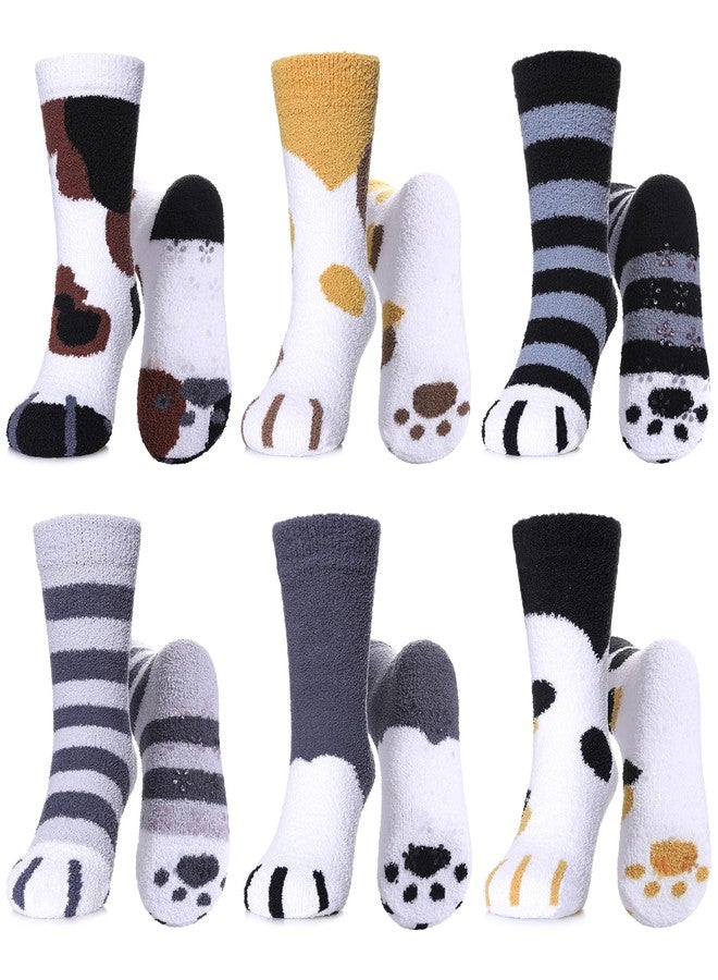 LINEMIN Kids Fuzzy Socks Boys Girls with Grips Non Slip Slipper Socks Cozy Fluffy Winter Warm Crew Socks 6 Pairs (Cat Paw, 8-12 Years) - Image 1