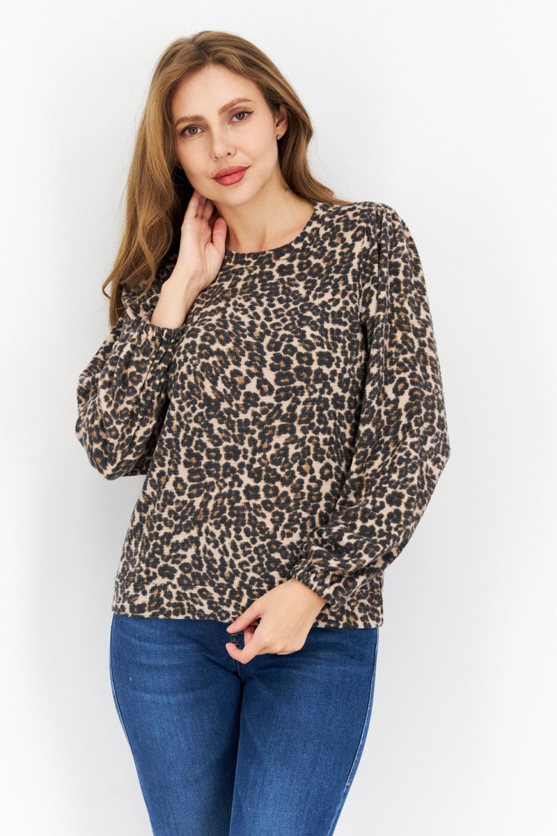 Riley & Rae بلوزة نسائية بأكمام طويلة وطباعة حيوانات، سوداء - Image 1