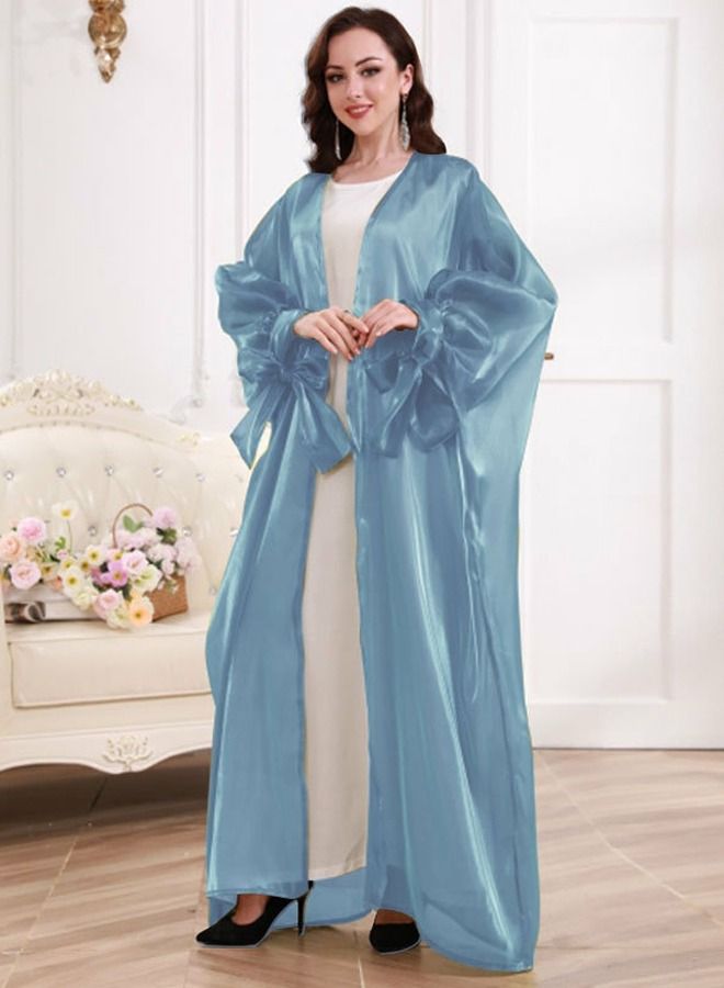 Loquat Women's Solid Color Puff Sleeve Abaya Elegant Long Cardigan Light Blue 