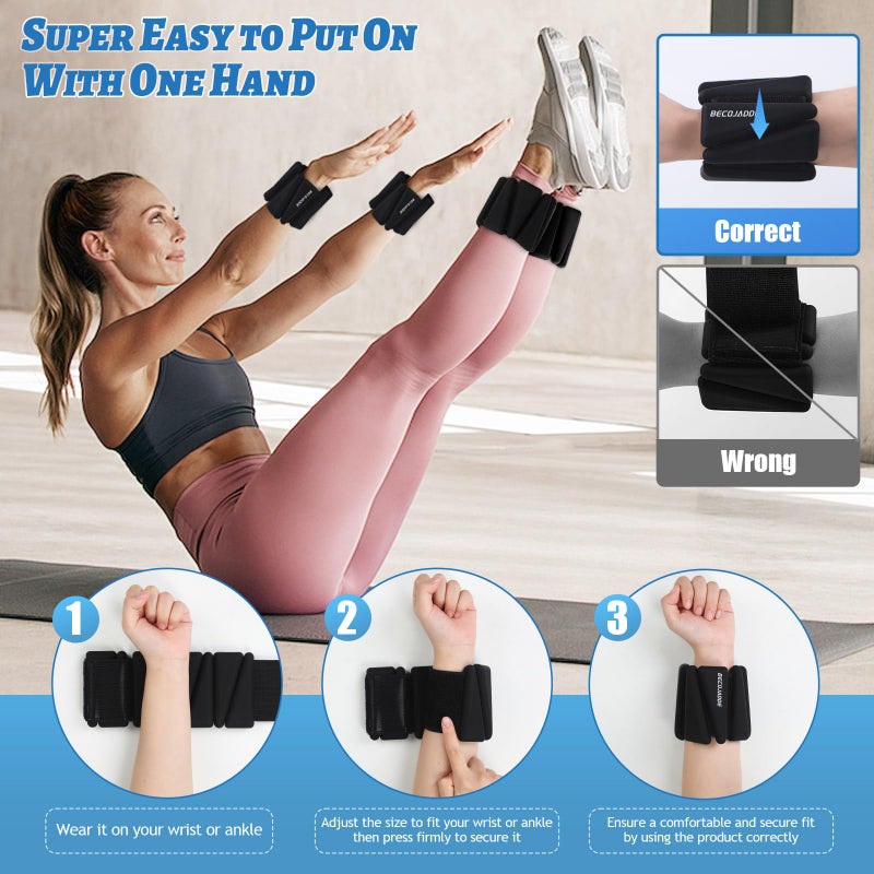 BECOJADDE Ankle Weights Set of 2 (2 lb Each) Adjustable Wrist Weights for Women Men Wearable Arm Leg Weight for Pilates, Running, Walking, Workout, Yoga, Black - Image 5