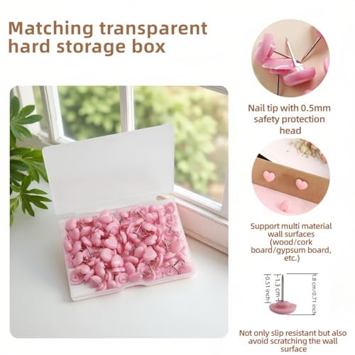 RyanDesign Heart Push Pins,Corkboard Nails for Office/Home Decor-Durable Decorative Push Pins for Bulletin Board,Photos,Notes,DIY Crafts,Soft Corkboard,Reusable&Cute Wall Decor (Pink Square Box 100PACK) - Image 2