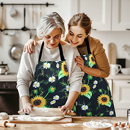 Violet Mist Floral Apron for Women Girls Cute Blooming Kitchen Chef Apron for Men Adjustable Cooking Aprons for Kitchen Baking Garden BBQ Grilling Salon, Black SunFlower - Image 3