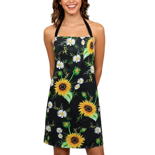 Violet Mist Floral Apron for Women Girls Cute Blooming Kitchen Chef Apron for Men Adjustable Cooking Aprons for Kitchen Baking Garden BBQ Grilling Salon, Black SunFlower - Image 1