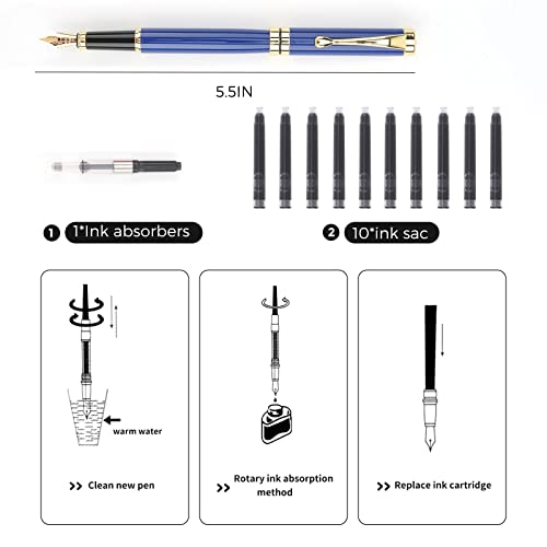 Tiankool Luxury Fountain Pen,Fine Nib, Exquisite Pen Gift Set for Men&Women-Includes 10 Ink Cartridges&Ink Converter- Nice Pens - Blue - Image 5