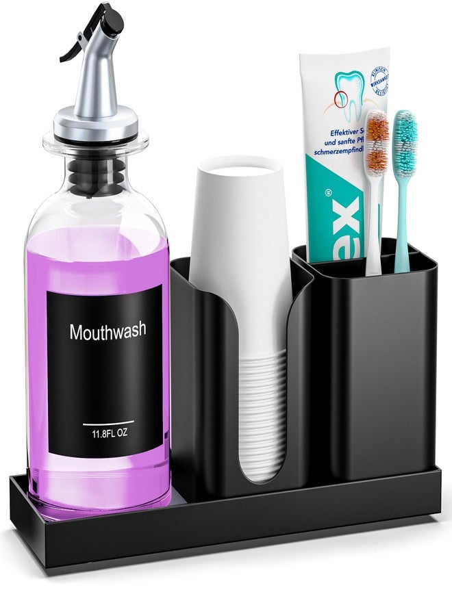 Moforoco Glass Mouthwash Dispenser with Toothbrush Holders, 11.8Oz Mouth Wash Bottle Container with Cup Holder, Funnel, Labels, and Drying Stone Tray, Bathroom Decor Accessories Set, Black - Image 1