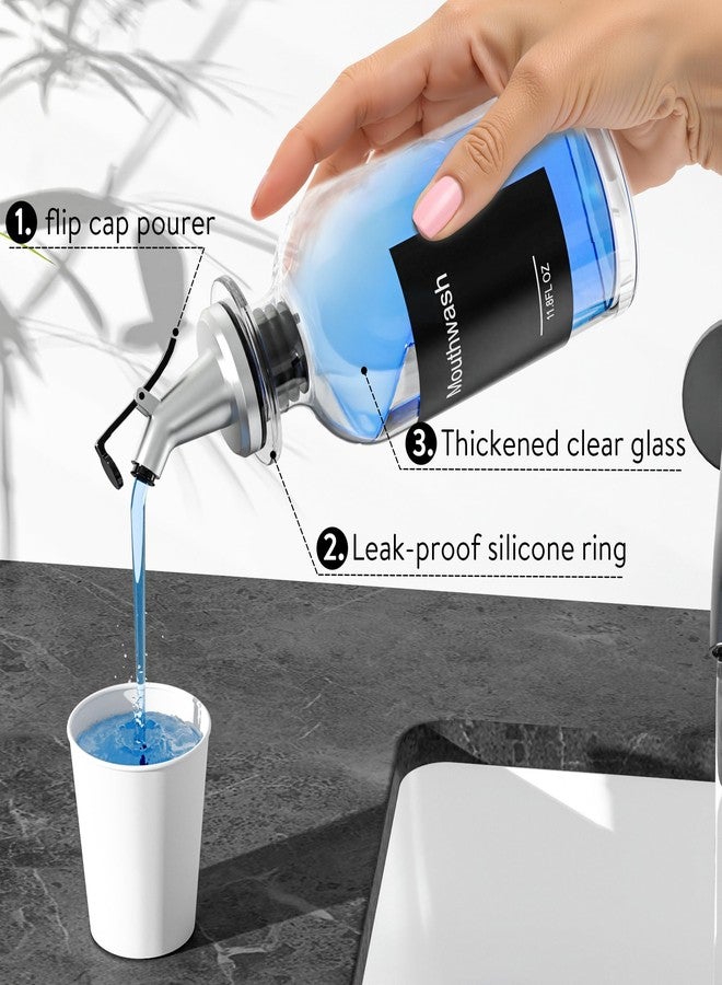 Moforoco Glass Mouthwash Dispenser with Toothbrush Holders, 11.8Oz Mouth Wash Bottle Container with Cup Holder, Funnel, Labels, and Drying Stone Tray, Bathroom Decor Accessories Set, Black - Image 2