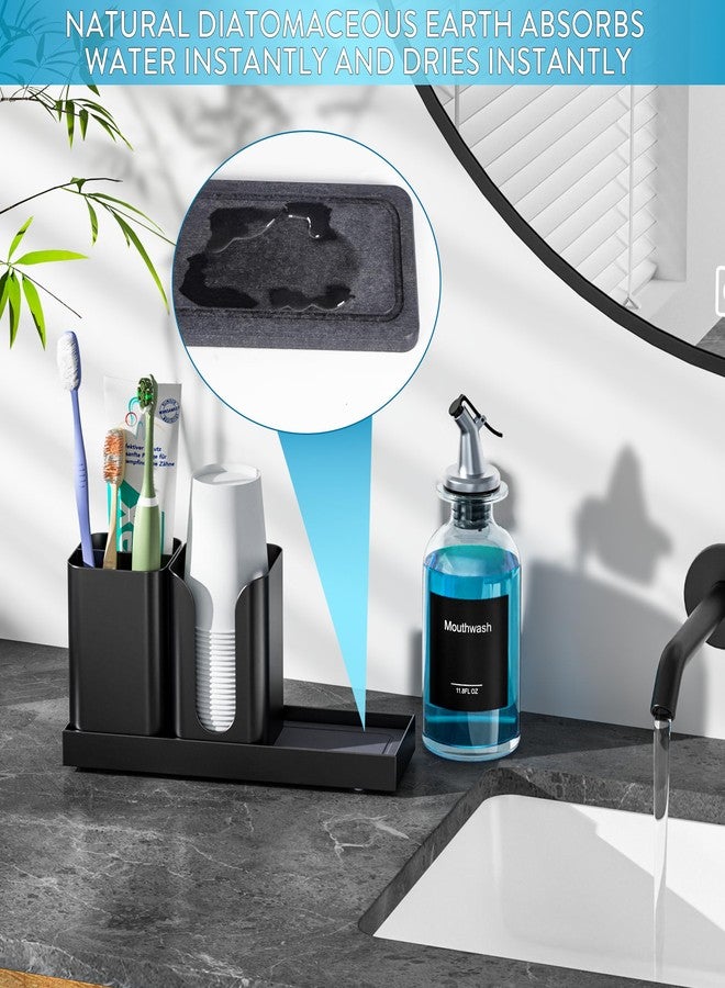 Moforoco Glass Mouthwash Dispenser with Toothbrush Holders, 11.8Oz Mouth Wash Bottle Container with Cup Holder, Funnel, Labels, and Drying Stone Tray, Bathroom Decor Accessories Set, Black - Image 3