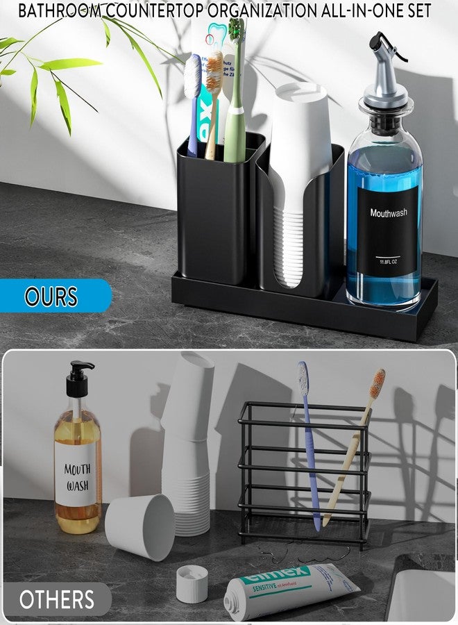 Moforoco Glass Mouthwash Dispenser with Toothbrush Holders, 11.8Oz Mouth Wash Bottle Container with Cup Holder, Funnel, Labels, and Drying Stone Tray, Bathroom Decor Accessories Set, Black - Image 5