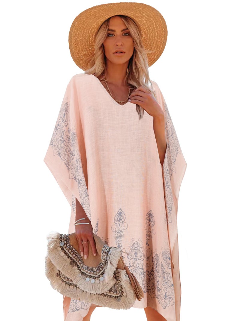 Moss Rose Caftan for Women Beach Cover up Swimsuit Kimono Cardigan with Bohemian Floral Print - Image 1