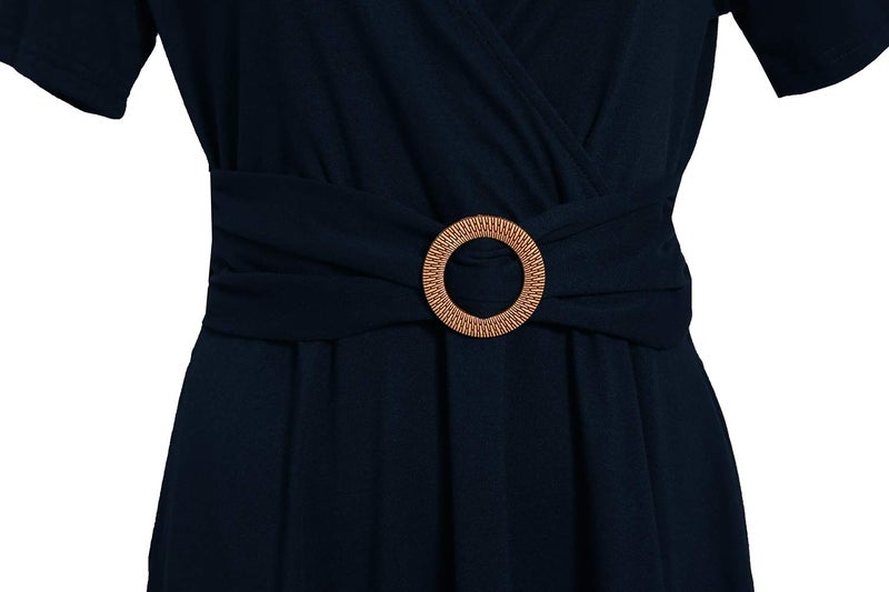 HELYO Women's Elegant Criss-Cross V Neck Vintage Short Sleeve Work Casual Party Swing Tea Dress with Pockets 980 (M, Navy Blue) - Image 5