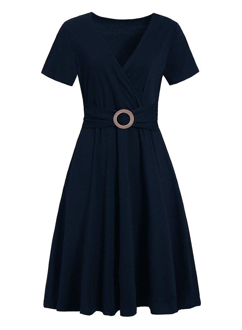 HELYO Women's Elegant Criss-Cross V Neck Vintage Short Sleeve Work Casual Party Swing Tea Dress with Pockets 980 (M, Navy Blue) - Image 3