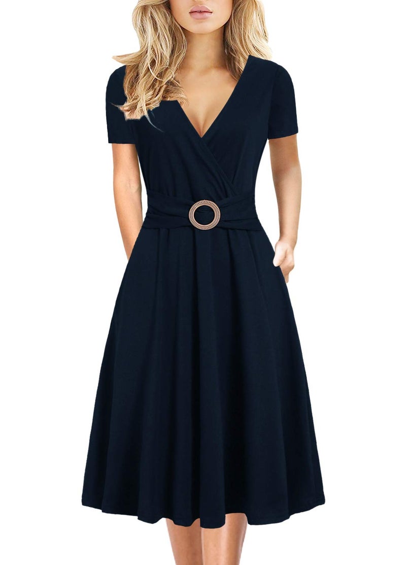 HELYO Women's Elegant Criss-Cross V Neck Vintage Short Sleeve Work Casual Party Swing Tea Dress with Pockets 980 (M, Navy Blue) - Image 1