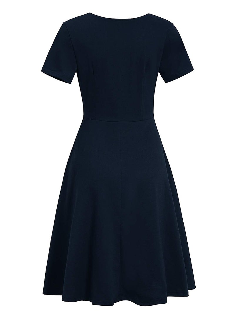HELYO Women's Elegant Criss-Cross V Neck Vintage Short Sleeve Work Casual Party Swing Tea Dress with Pockets 980 (M, Navy Blue) - Image 4