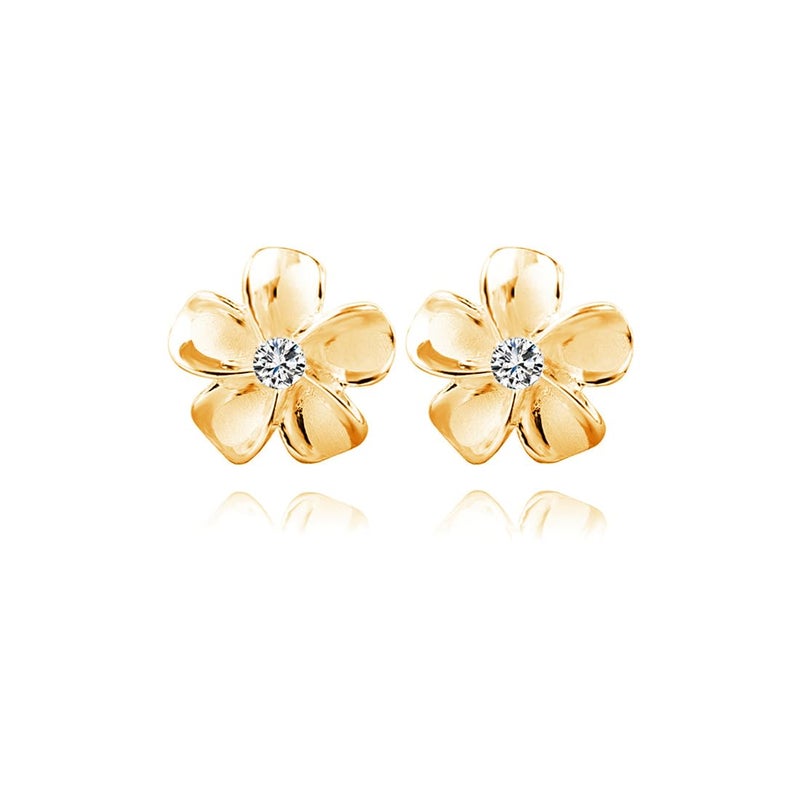 Reffeer Solid 925 Sterling Silver Plumeria Flower Stud Earrings for Women Teen Girls Crystal Flower Stud Earrings (B-18K Gold) - Image 1