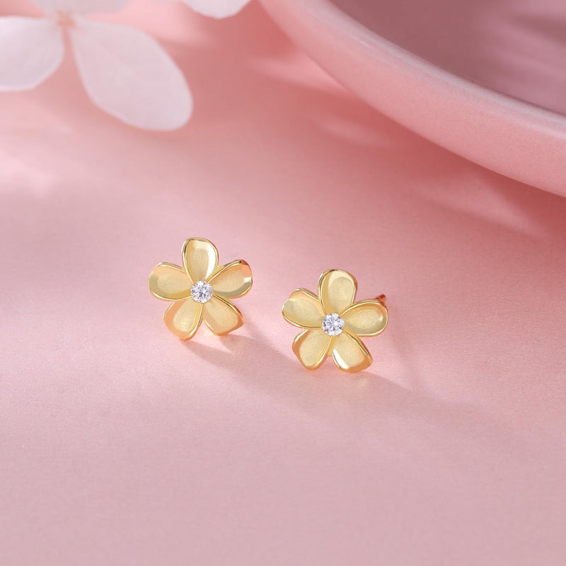 Reffeer Solid 925 Sterling Silver Plumeria Flower Stud Earrings for Women Teen Girls Crystal Flower Stud Earrings (B-18K Gold) - Image 5