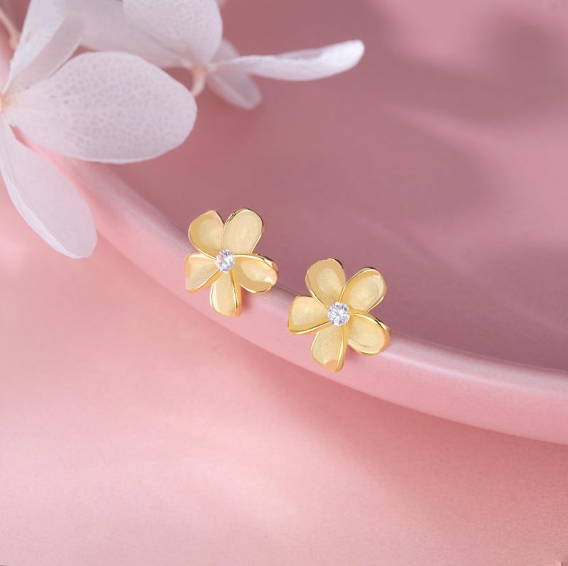 Reffeer Solid 925 Sterling Silver Plumeria Flower Stud Earrings for Women Teen Girls Crystal Flower Stud Earrings (B-18K Gold) - Image 4