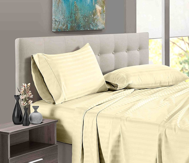 BALAJI EXPORT Super Soft All Around Elastic Fitted Bedsheet with Pillow Cover 100 Cotton 400 TC 12 Deep Pocket Fitted Bedsheets 3 Piece SetIvory StripeQueen Size - Image 2