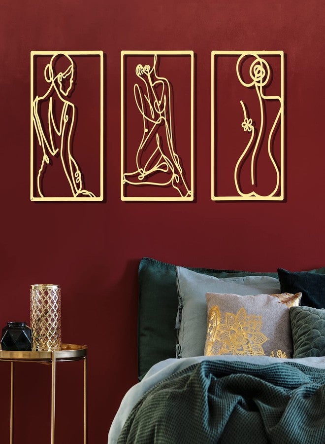 سندير مجموعة ديكور حائط معدنية من 6 قطع بتصميم امرأة تجريدية، ديكور عصري، فن معلق جمالي، منحوتة جدارية كبيرة بخط واحد لغرفة النوم وغرفة المعيشة (ذهبي). - Image 2