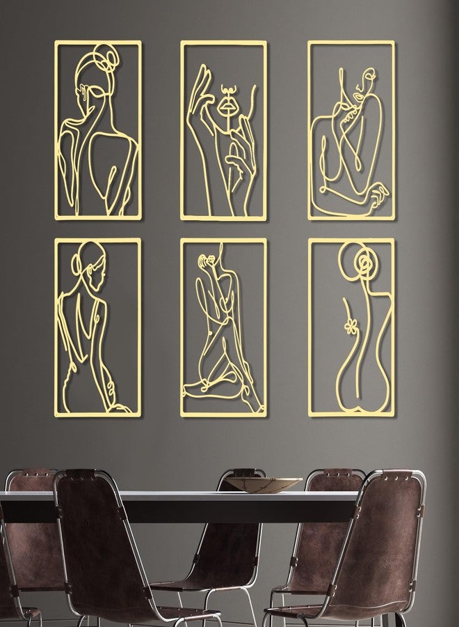 سندير مجموعة ديكور حائط معدنية من 6 قطع بتصميم امرأة تجريدية، ديكور عصري، فن معلق جمالي، منحوتة جدارية كبيرة بخط واحد لغرفة النوم وغرفة المعيشة (ذهبي). - Image 4