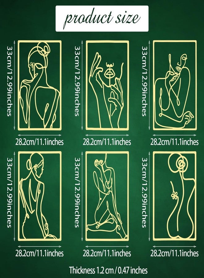 سندير مجموعة ديكور حائط معدنية من 6 قطع بتصميم امرأة تجريدية، ديكور عصري، فن معلق جمالي، منحوتة جدارية كبيرة بخط واحد لغرفة النوم وغرفة المعيشة (ذهبي). - Image 3
