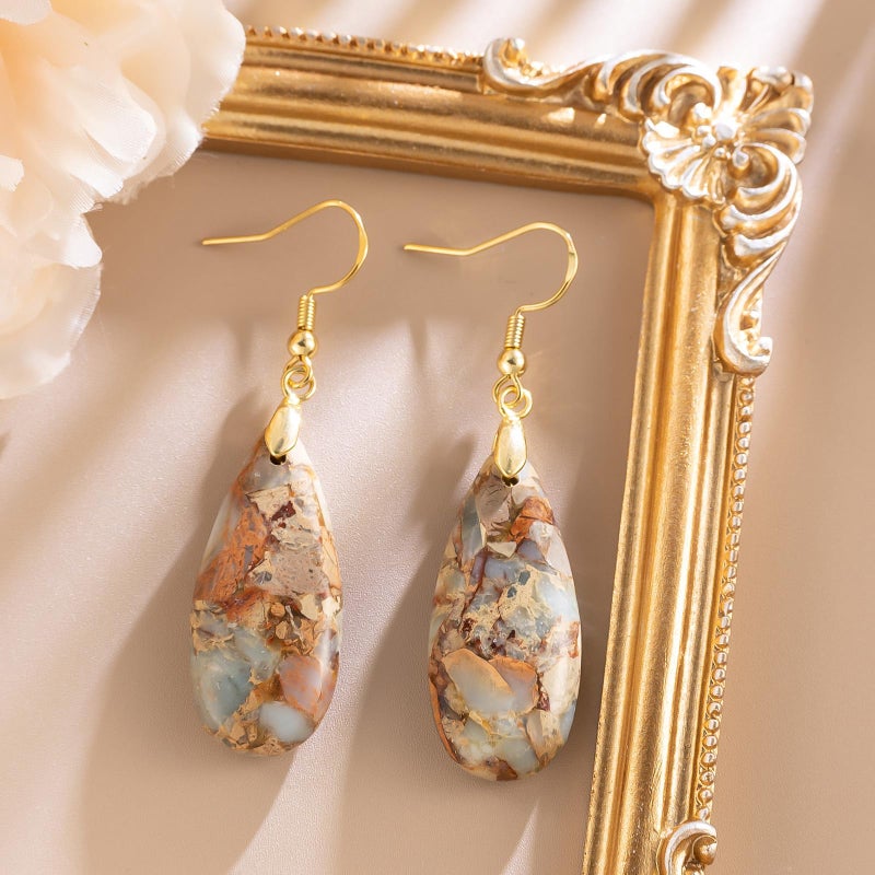 HAISWET Brown Stone Drop Earrings for Women Teardrop Created Imperial Jasper Dangle Drop Earrings - Image 2