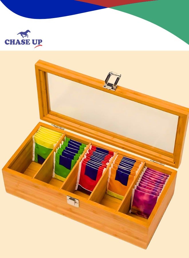 Chase Up Tea Bag Organizer - Tea Storage Chest Case Wooden Tea Bag - Storage Box with Transparent Lid for any Restaurant, Office, Home - Wooden Color - Image 1