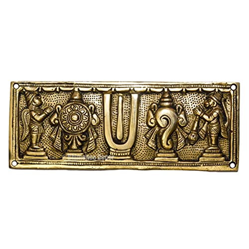 Bhimonee Decor by Modern Gift Centre | Pure Brass Shanku Chakra Hanging Wallplate with Garuda and Hanuman | 8 x 3 Inches | 600gm Weight | Spiritual Wall Decor for Home, Temple, Office - Image 1