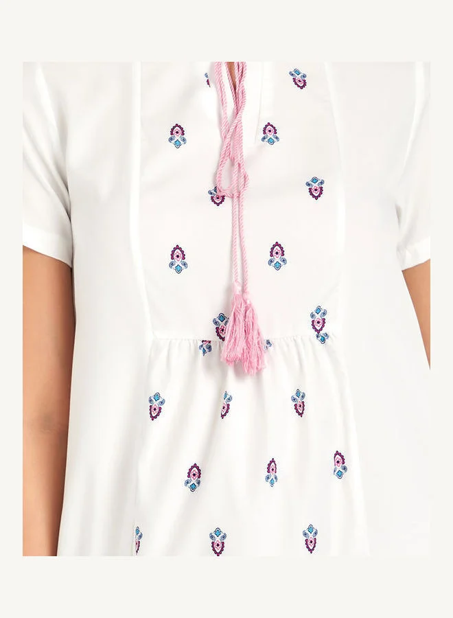 Styli Short Sleeves Damask Print Midi Length Dress with Tassel Detail