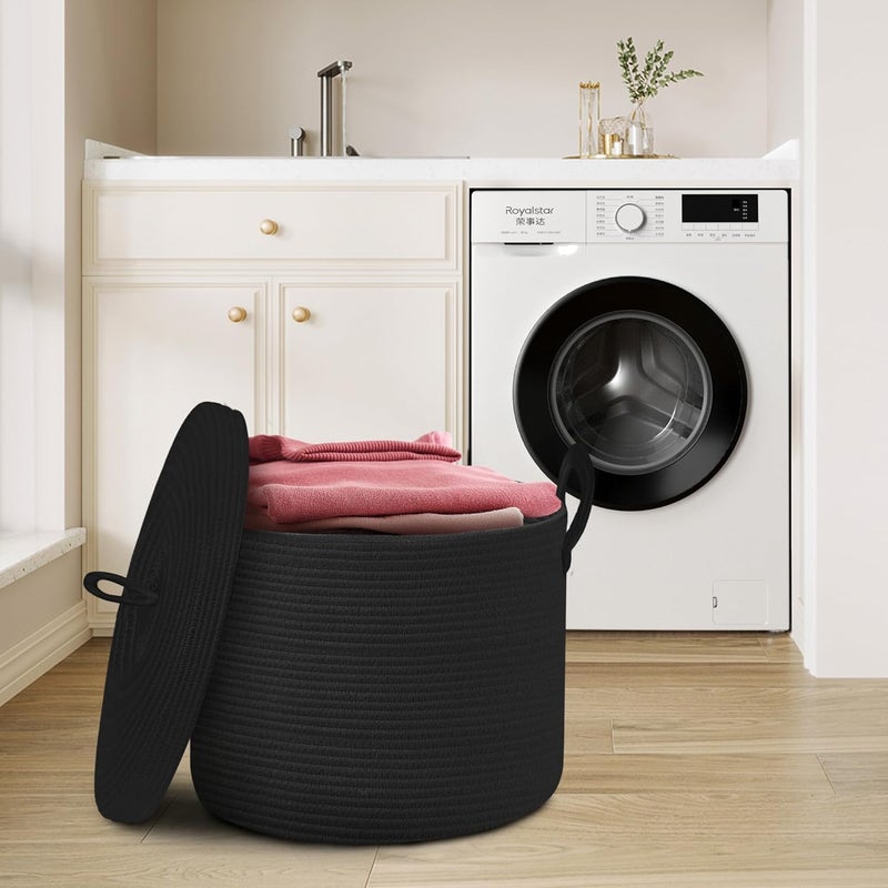HONCESTA 18" X 14" Large Black Basket with Lid, Cotton Rope Storage Basket for Blanket, Toy, Pillow, Towel, Living Room Bedroom Storage Bin, Wicker Woven All Black Organizing Bin with Cover - Image 4