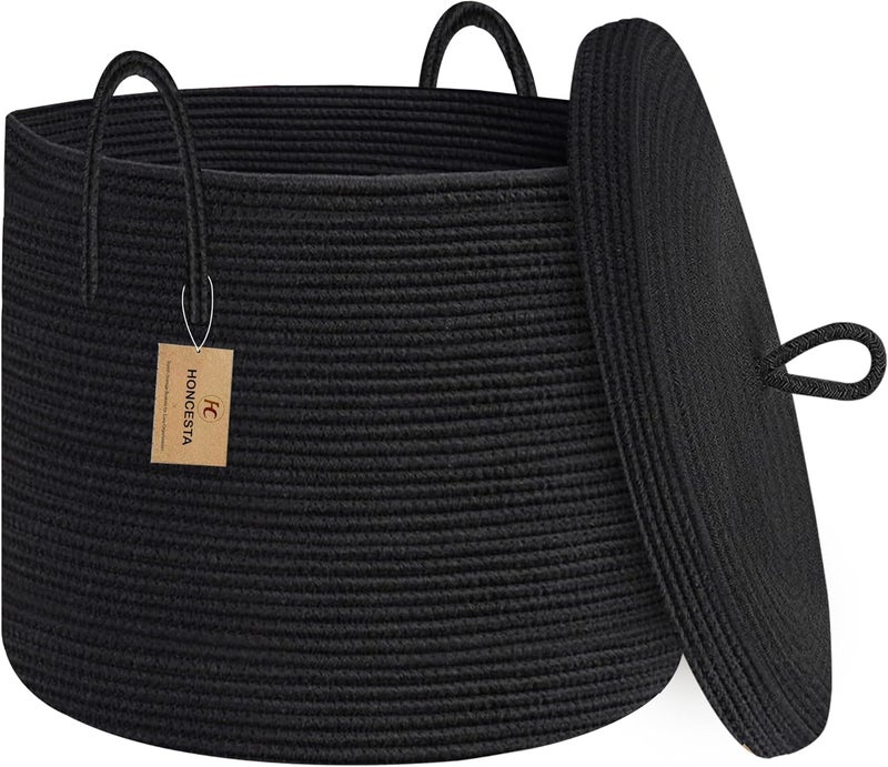 HONCESTA 18" X 14" Large Black Basket with Lid, Cotton Rope Storage Basket for Blanket, Toy, Pillow, Towel, Living Room Bedroom Storage Bin, Wicker Woven All Black Organizing Bin with Cover - Image 1