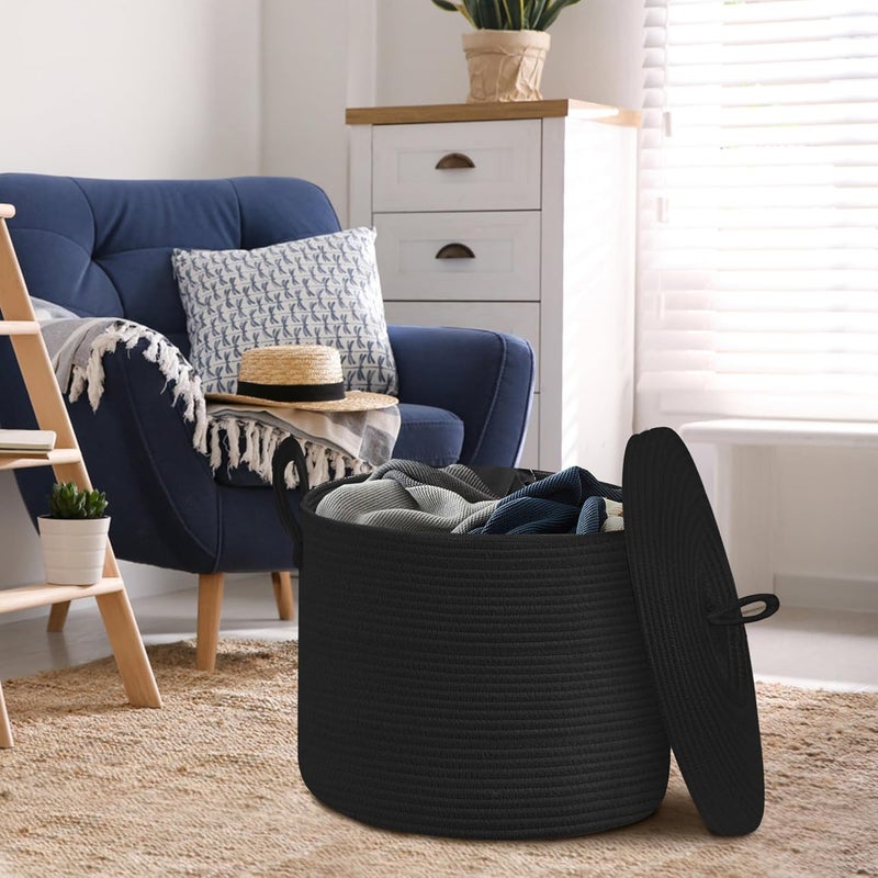 HONCESTA 18" X 14" Large Black Basket with Lid, Cotton Rope Storage Basket for Blanket, Toy, Pillow, Towel, Living Room Bedroom Storage Bin, Wicker Woven All Black Organizing Bin with Cover - Image 5