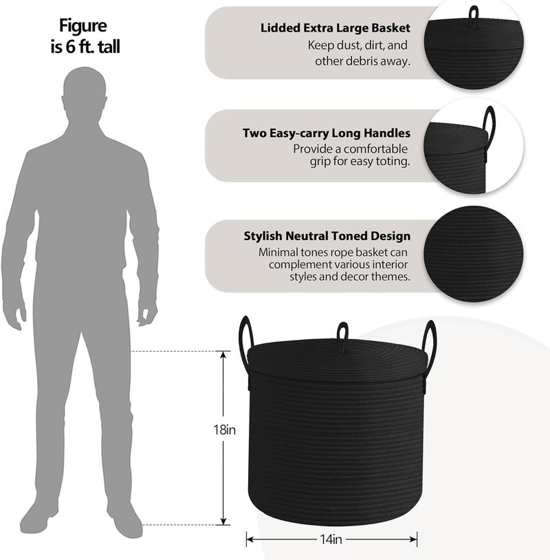 HONCESTA 18" X 14" Large Black Basket with Lid, Cotton Rope Storage Basket for Blanket, Toy, Pillow, Towel, Living Room Bedroom Storage Bin, Wicker Woven All Black Organizing Bin with Cover - Image 2