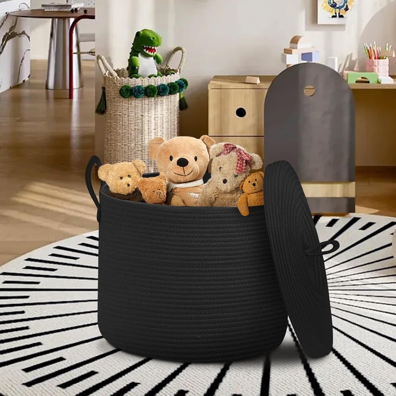 HONCESTA 18" X 14" Large Black Basket with Lid, Cotton Rope Storage Basket for Blanket, Toy, Pillow, Towel, Living Room Bedroom Storage Bin, Wicker Woven All Black Organizing Bin with Cover - Image 3