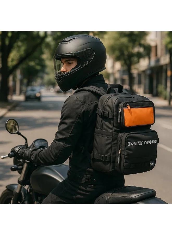 Monkey Troopers Black Walky Biker Backpack 15 Liter with Padded Laptop Compartment Magnetic Tank Mount for Hiking Riding Motorcycling