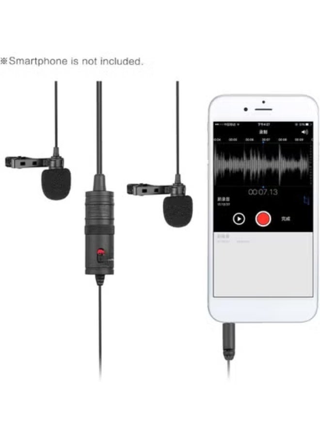Dual Omnidirectional Condenser Lavalier Microphone with Clip – Compatible with Smartphones, Audio Recorders, and Computers – Includes Auxiliary Cable