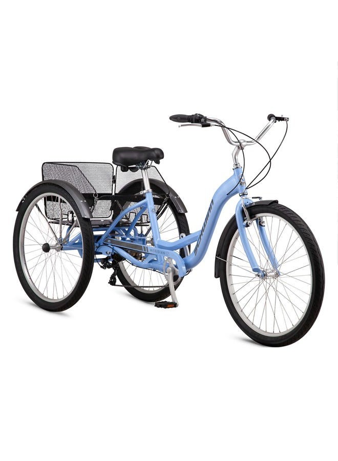 SCHWINN دراجة ثلاثية للبالغين من مريديان، دراجة 26 بوصة للنساء والرجال، دراجة ثلاثية للبالغين 7 سرعات، إطار منخفض للعبور، مقعد سبرينجر كروزر، وضعية ركوب مستقيمة، دراجة مع سلة، دراجة ثلاثية للبالغين - Image 1