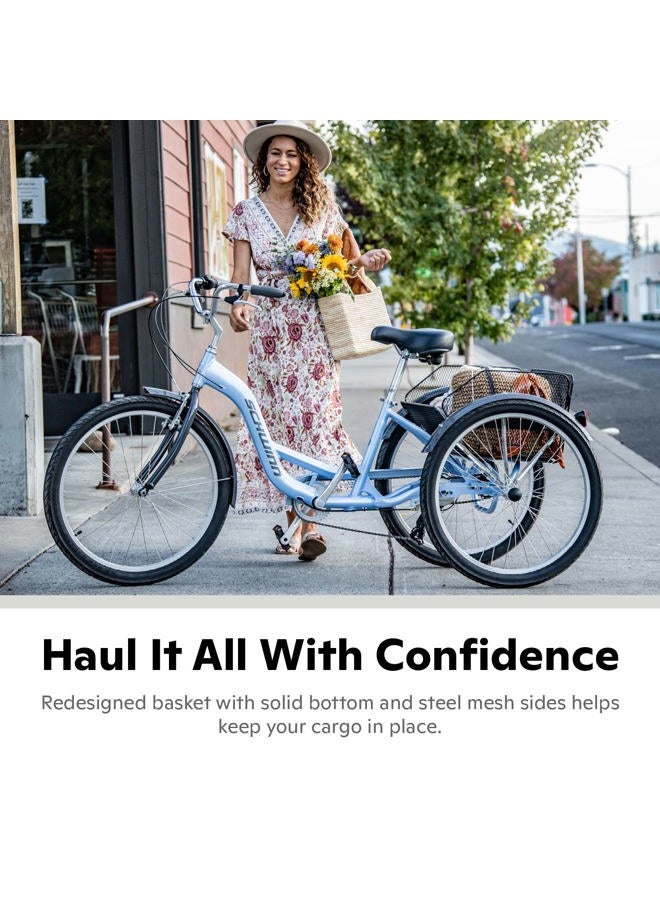 SCHWINN دراجة ثلاثية للبالغين من مريديان، دراجة 26 بوصة للنساء والرجال، دراجة ثلاثية للبالغين 7 سرعات، إطار منخفض للعبور، مقعد سبرينجر كروزر، وضعية ركوب مستقيمة، دراجة مع سلة، دراجة ثلاثية للبالغين - Image 5