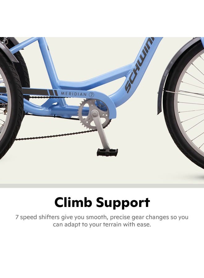 SCHWINN دراجة ثلاثية للبالغين من مريديان، دراجة 26 بوصة للنساء والرجال، دراجة ثلاثية للبالغين 7 سرعات، إطار منخفض للعبور، مقعد سبرينجر كروزر، وضعية ركوب مستقيمة، دراجة مع سلة، دراجة ثلاثية للبالغين - Image 2