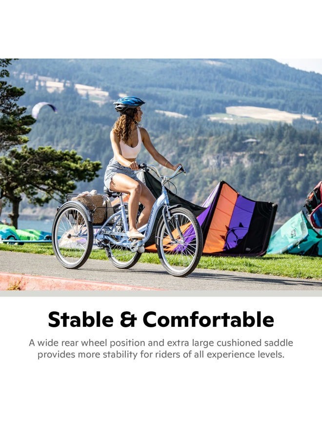 SCHWINN دراجة ثلاثية للبالغين من مريديان، دراجة 26 بوصة للنساء والرجال، دراجة ثلاثية للبالغين 7 سرعات، إطار منخفض للعبور، مقعد سبرينجر كروزر، وضعية ركوب مستقيمة، دراجة مع سلة، دراجة ثلاثية للبالغين - Image 3