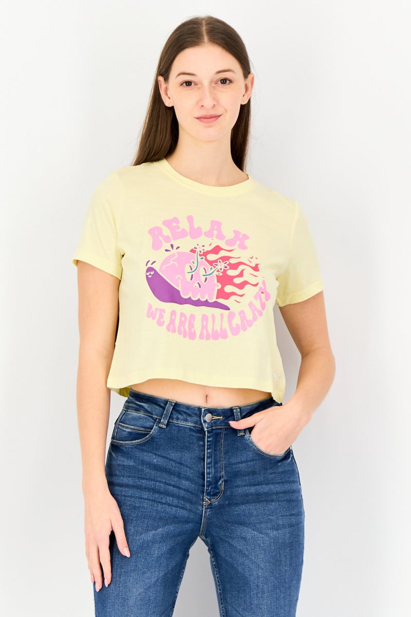 ONLY Women Crew Neck Short Sleeve Graphic Print Top, Yellow - Image 1