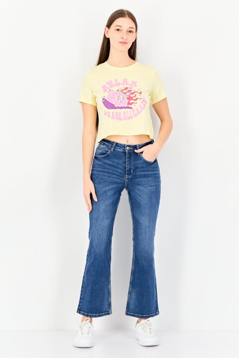 ONLY Women Crew Neck Short Sleeve Graphic Print Top, Yellow - Image 3