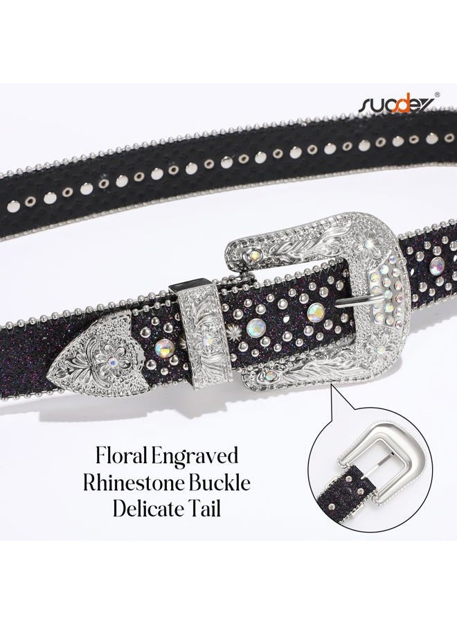 Suosdey Rhinestone Belt for Men Women Western Cowboy Cowgirl Bling Studded Leather Belt for Jeans Pants, 01-black, S: fits waist 28"-33" - Image 3