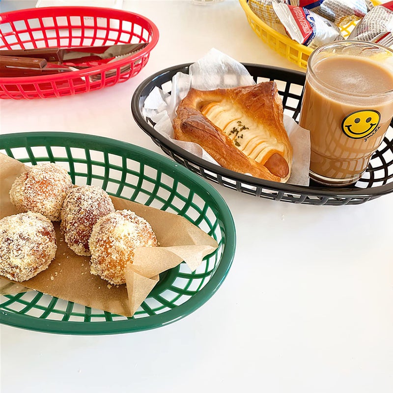 Kingrol 50 Pack Black Oval Fast Food Baskets, Food Serving Tray for Sandwiches, Burgers, Nachos, Fries, Hot Corn Dogs, Plastic Storage Basket Bin, 8-7/8 x 5-5/8 Inches - Image 4