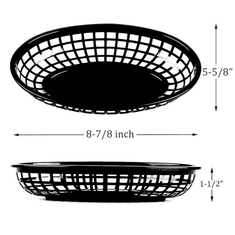 Kingrol 50 Pack Black Oval Fast Food Baskets, Food Serving Tray for Sandwiches, Burgers, Nachos, Fries, Hot Corn Dogs, Plastic Storage Basket Bin, 8-7/8 x 5-5/8 Inches - Image 2