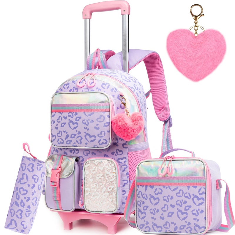 Meetbelify Girls Rolling Backpack with Wheels Cute Kawaii Carry On Backpack for Elementary Students Purple with Lunch Box - Image 2