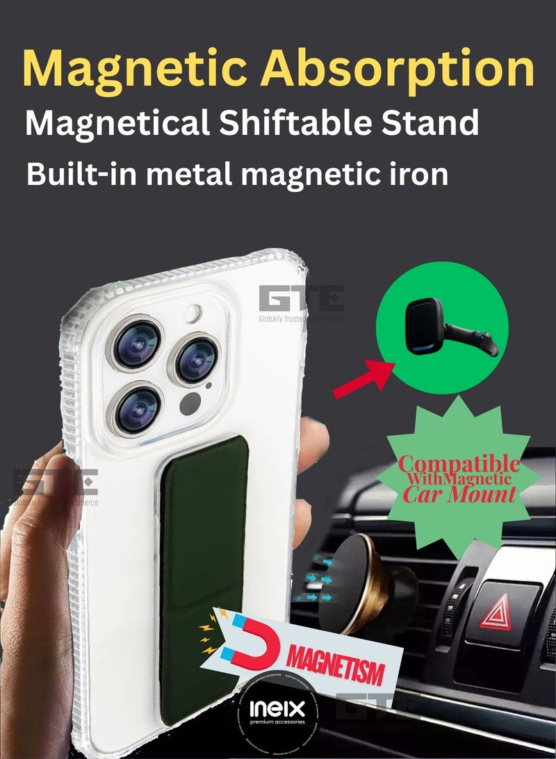 INEIX 3-in-1 Magnetic Transparent Wrist Strap Hand Grip Stand Back Case Cover for Samsung Galaxy A17 5G, Finger Grip Soft Cover,Stand Holder TPU Case,Kickstand-Clear/Green - Image 4
