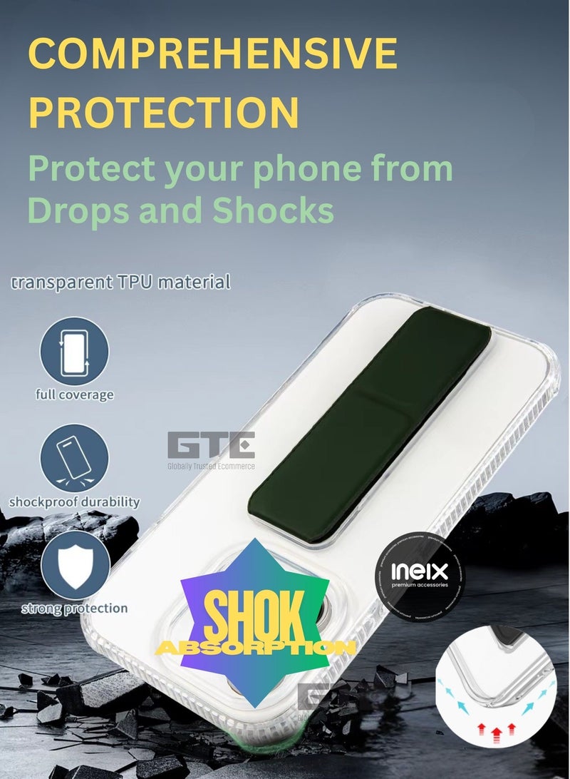 INEIX 3-in-1 Magnetic Transparent Wrist Strap Hand Grip Stand Back Case Cover for Samsung Galaxy A17 5G, Finger Grip Soft Cover,Stand Holder TPU Case,Kickstand-Clear/Green - Image 3