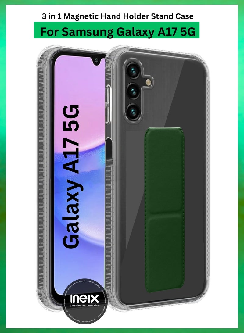 INEIX 3-in-1 Magnetic Transparent Wrist Strap Hand Grip Stand Back Case Cover for Samsung Galaxy A17 5G, Finger Grip Soft Cover,Stand Holder TPU Case,Kickstand-Clear/Green - Image 1