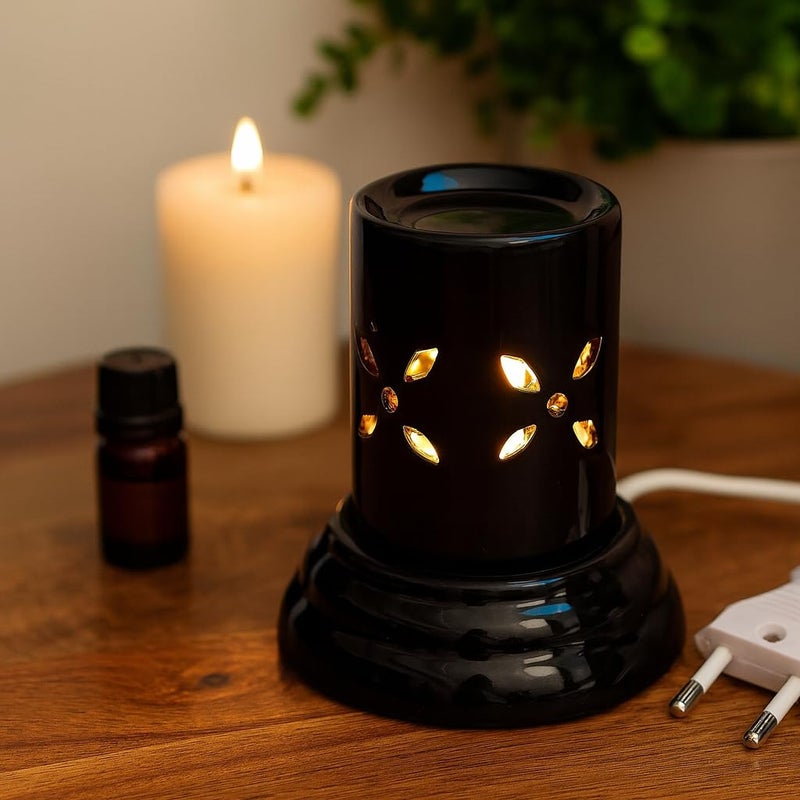 pure source (India) موقد عطر كهربائي صغير من السيراميك مع 10 مل من زيت اللافندر العطري - موزع عطر زخرفي للمنزل والمكتب والسبا (أسود) - Image 2